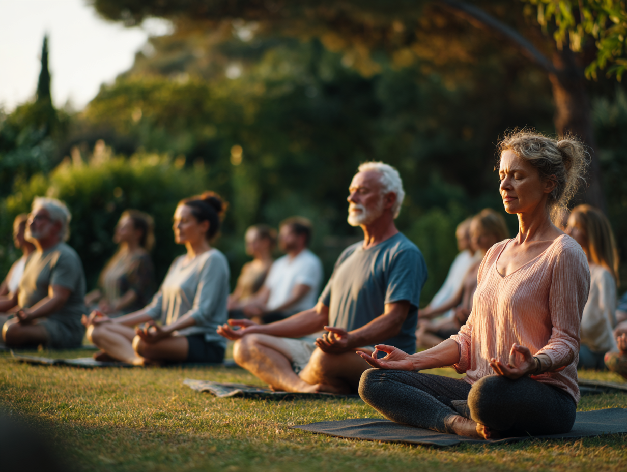 Сім'я займається йогою разом на природі, демонструючи гармонію та спільне здоров'я