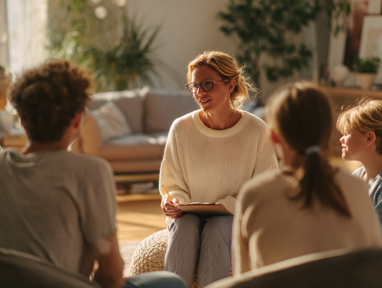 Інструктор йоги проводить індивідуальну консультацію з сім'єю, обговорюючи потреби кожного