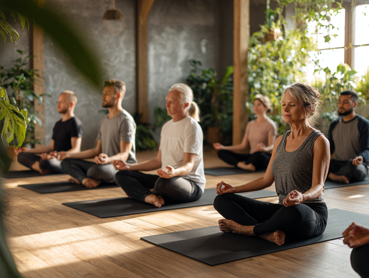 Сім'я з трьох поколінь займається йогою разом на природі, демонструючи адаптивність практик для всіх віків
